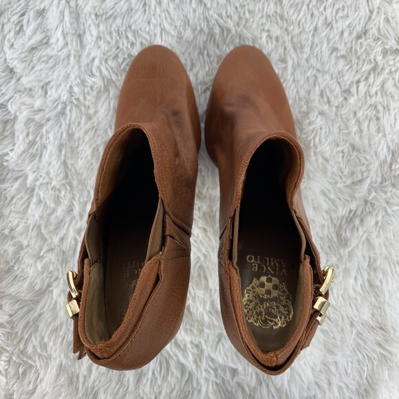 Vince Camuto VC-Elaina Warm Brown Leather Gold Side Buckle Heel Booties 7.5 - Picture 6 of 11